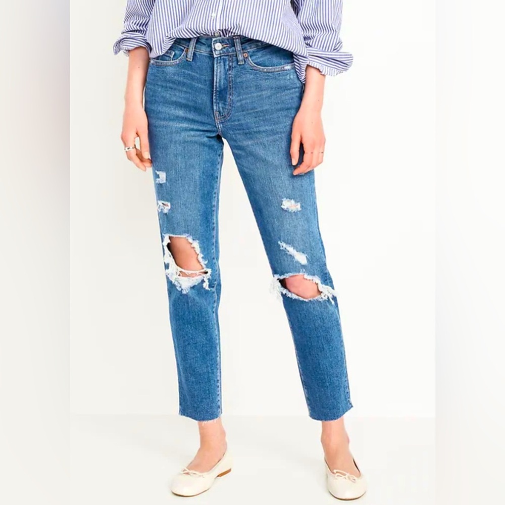 Old Navy High-Waisted OG Straight Ripped Distressed Ankle Jeans Medium Wash Sz 2